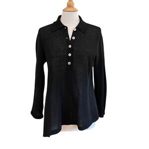 Ball of Cotton Black 100% Linen Popover Sweater Tunic, Collared, Lagenlook, L